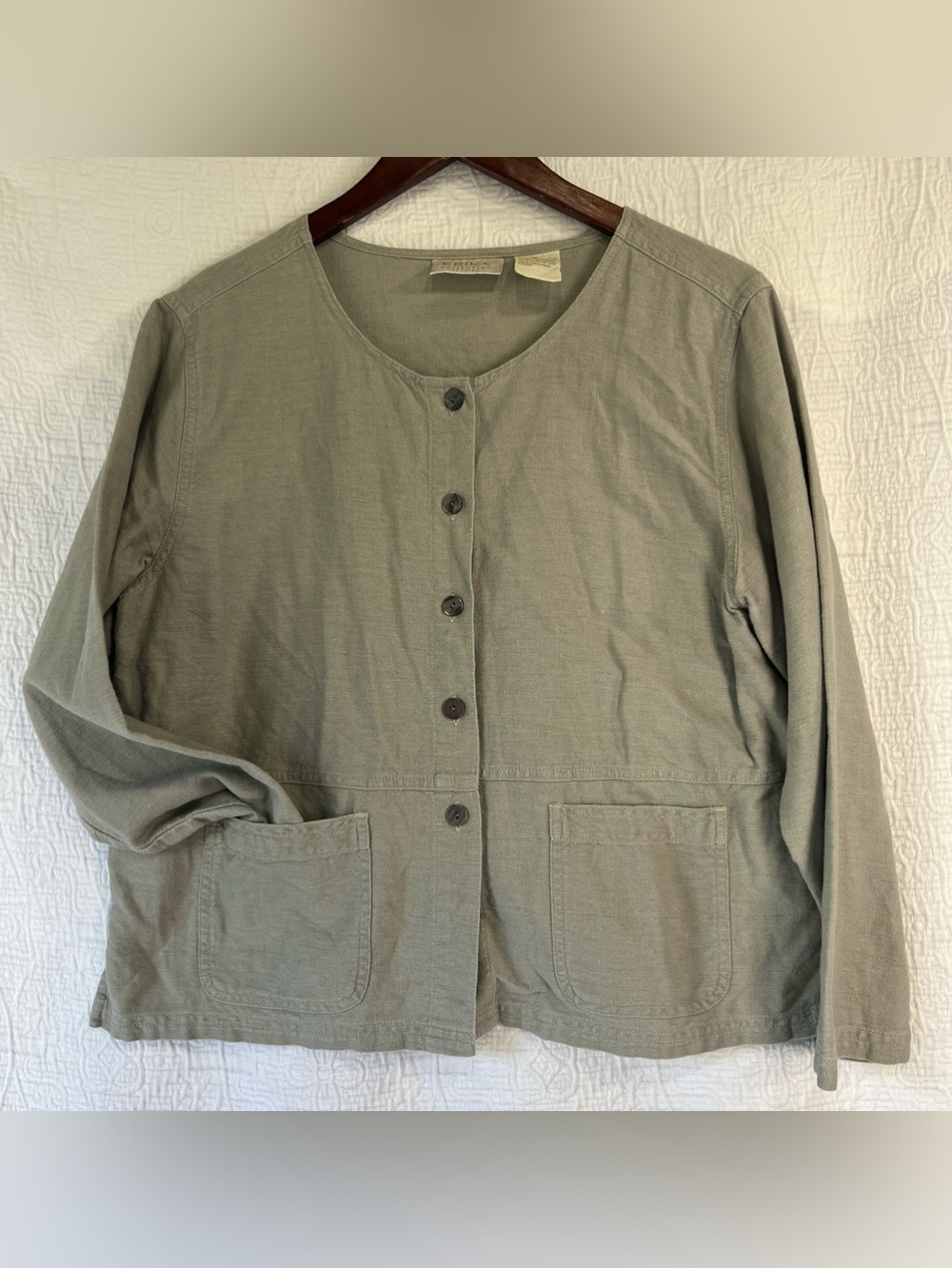 Erika Collection Petites L Linen Cotton Lightweight Jacket Button Patch Pockets